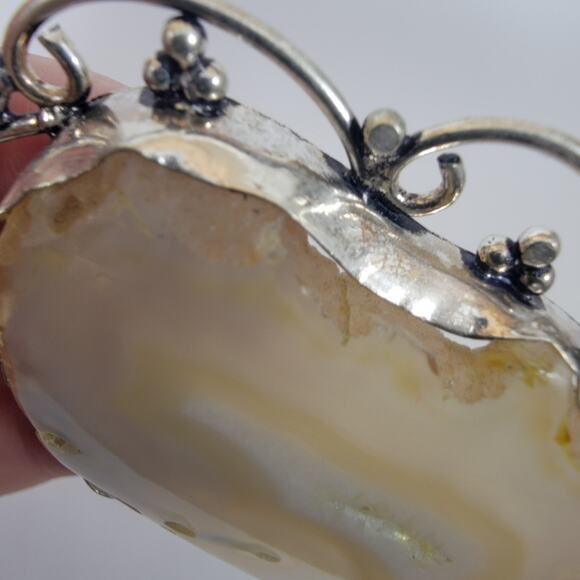 Handmade Sterling Silver Pendant Natural Agate Slice in Organic Stone Setting - Picture 7 of 10